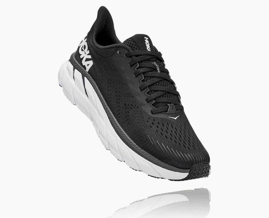 Hoka Australia One One Clifton 7 - Womens Running Shoes Black/White - SFYRW-0327